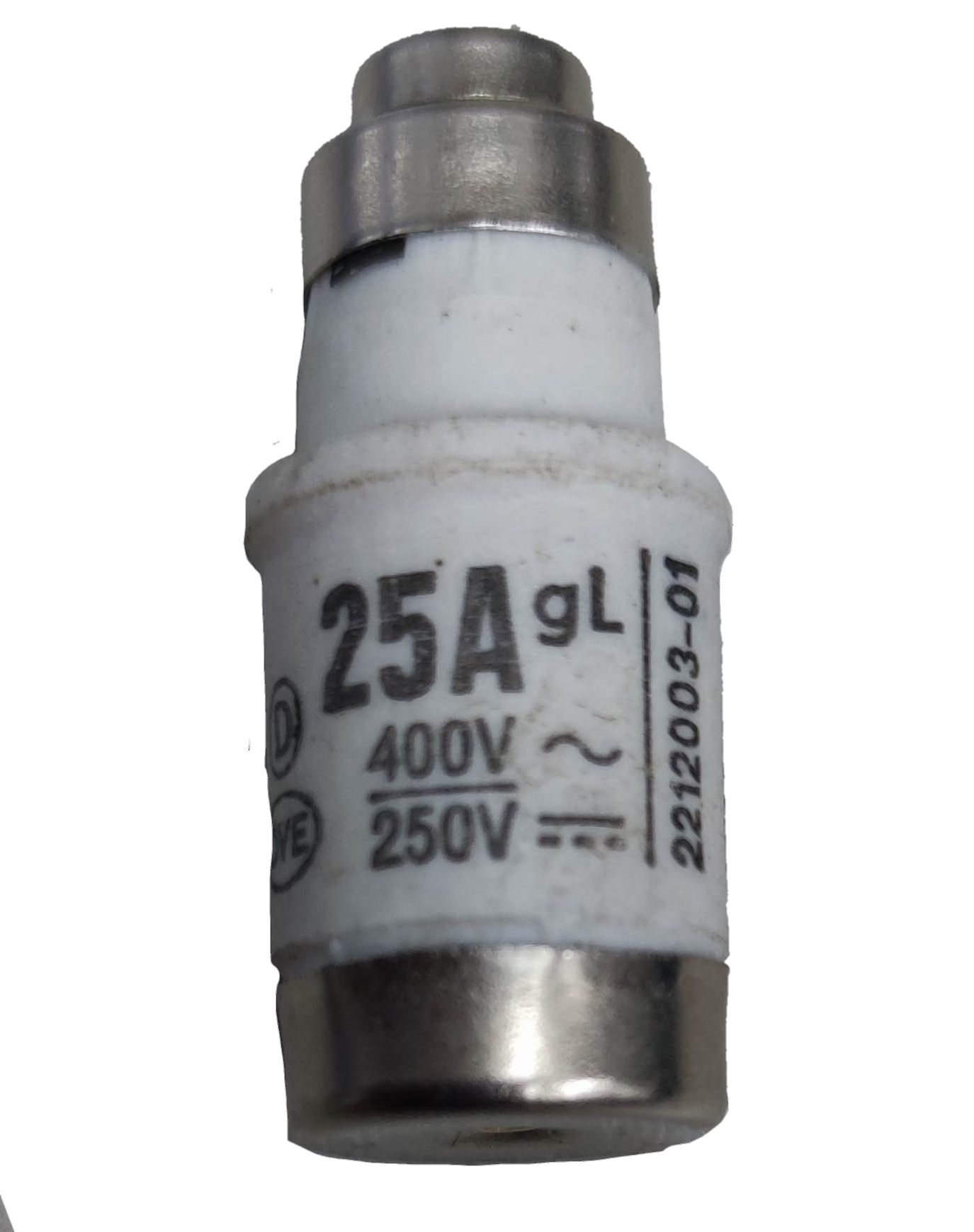 Industrial fuse 25 amp 400 volt electrical component from China with white body and metal ends