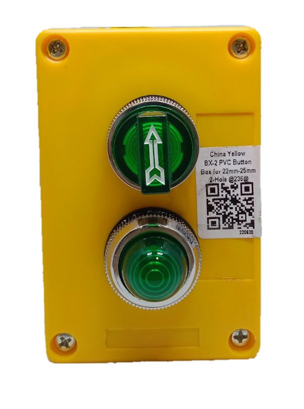 Auspicious green illuminated selector switch mounted on yellow box for power points switches and plugs