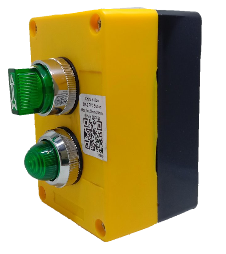 Auspicious green illuminated selector switch mounted on yellow and black industrial power control box