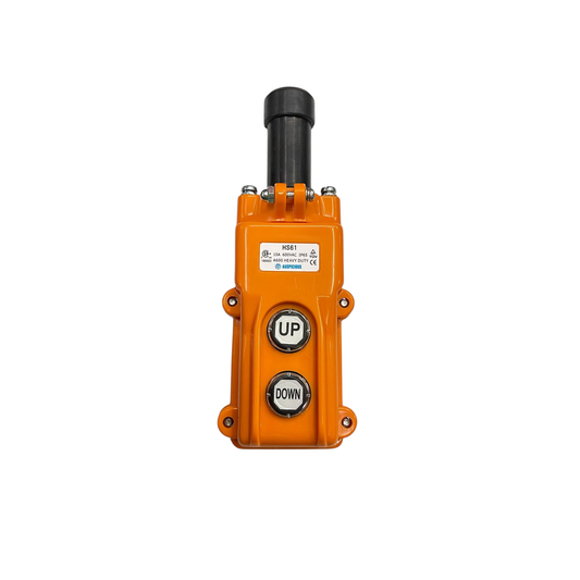 Auspicious industrial hoist push button switch with orange housing and up down buttons for control