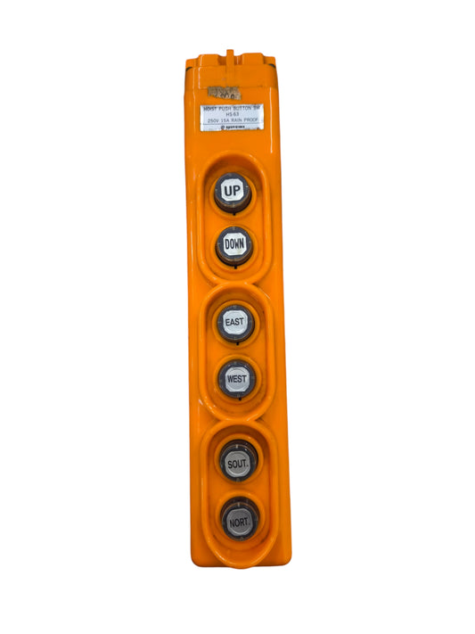 Auspicious industrial hoist push button switch with orange body and six labeled black buttons