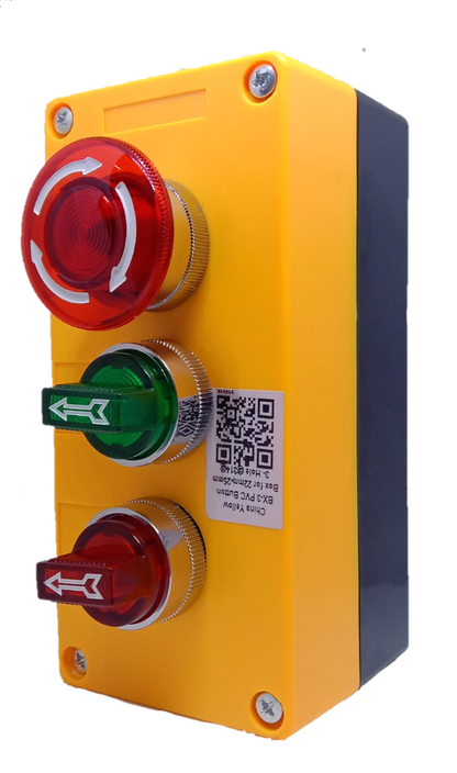 Auspicious illuminated emergency stop switch with red and green buttons on yellow control box