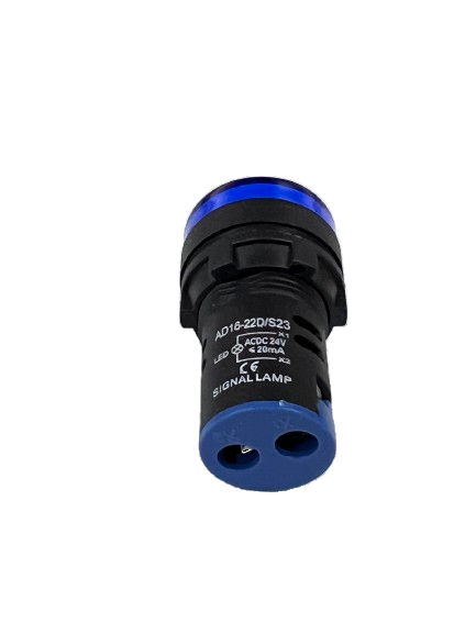 Grippes LED Panel Indicator Lamp 22mm blue lens with two pin connector on black background