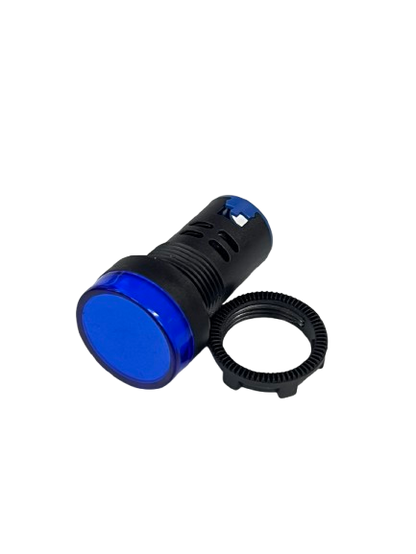 Grippes blue LED Panel Indicator Lamp 22mm round indicator with threaded black housing and mounting ring for control panels