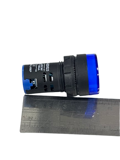 Grippes blue LED Panel Indicator Lamp 22mm with black threaded body shown beside ruler for scale