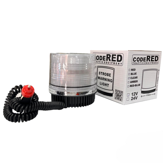 Code Red industrial magnetic strobe light 12V with clear and colored warning options for safety applications