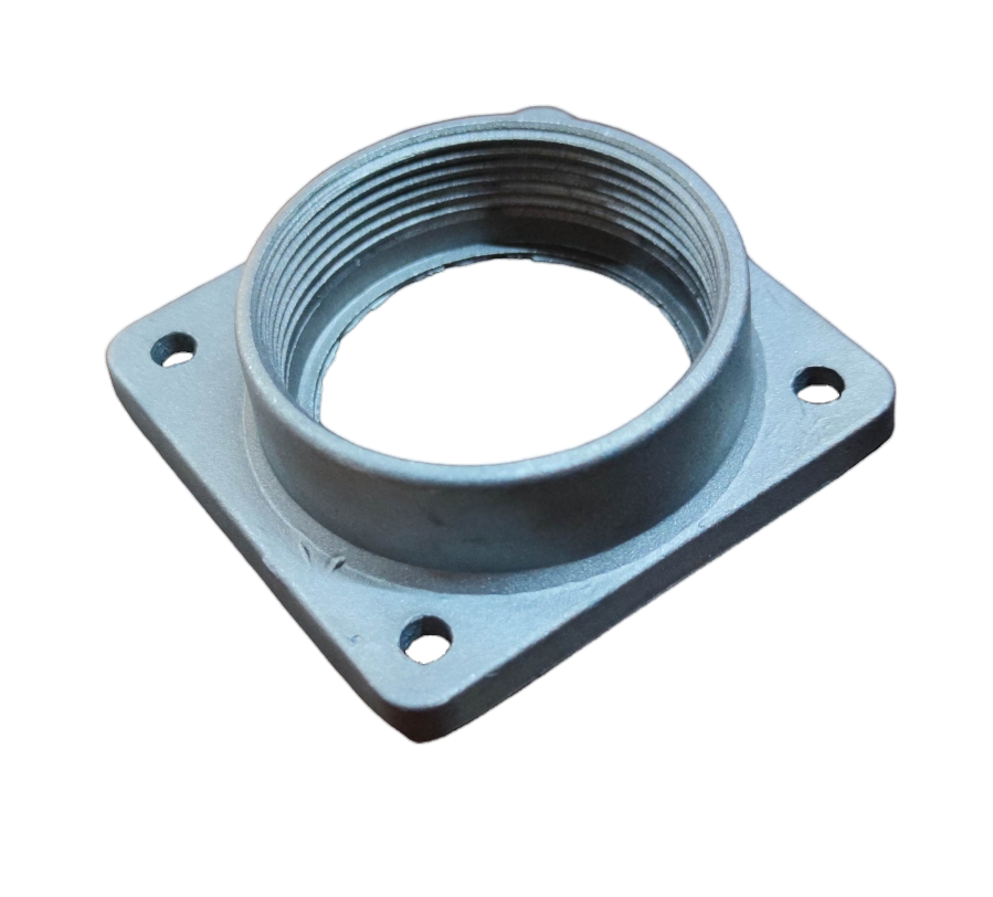 Silver square flange threaded Meter Base Hub 2 Inches aluminum with four mounting holes for electrical meter