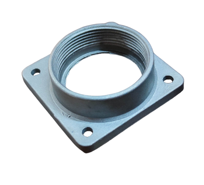 Silver square flange threaded Meter Base Hub 2 Inches aluminum with four mounting holes for electrical meter