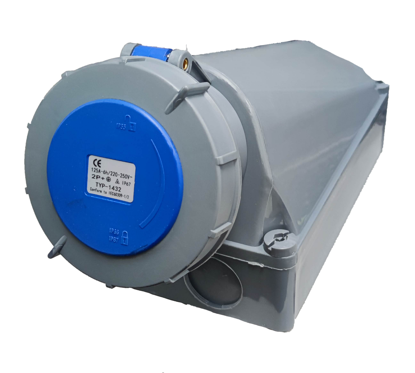 Grippes industrial outlet 220v 125 amp 3 Pins in a gray weatherproof casing for industrial use