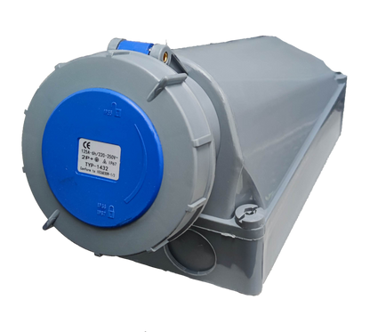 Grippes industrial outlet 220v 125 amp 3 Pins in a gray weatherproof casing for industrial use