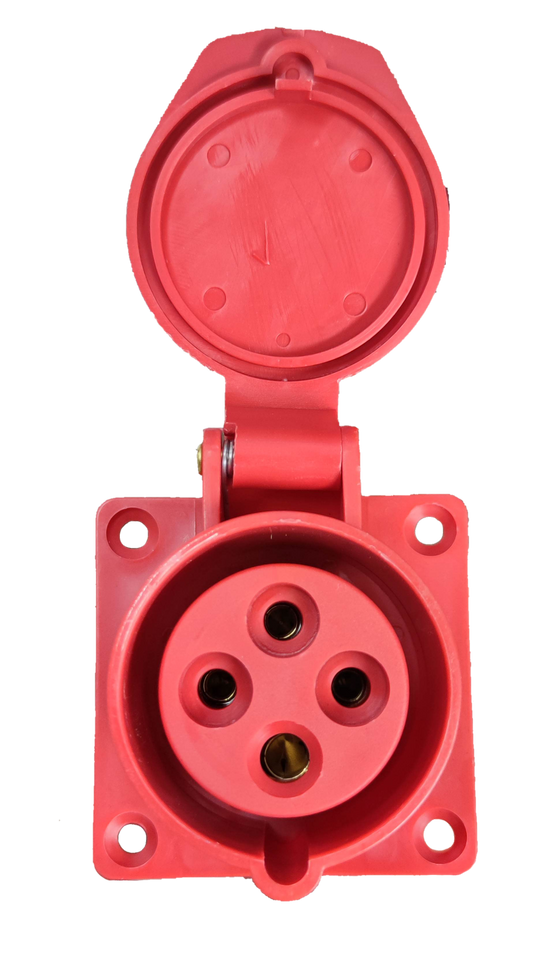Grippes red industrial outlet chassis 16A with protective cover and four mounting holes