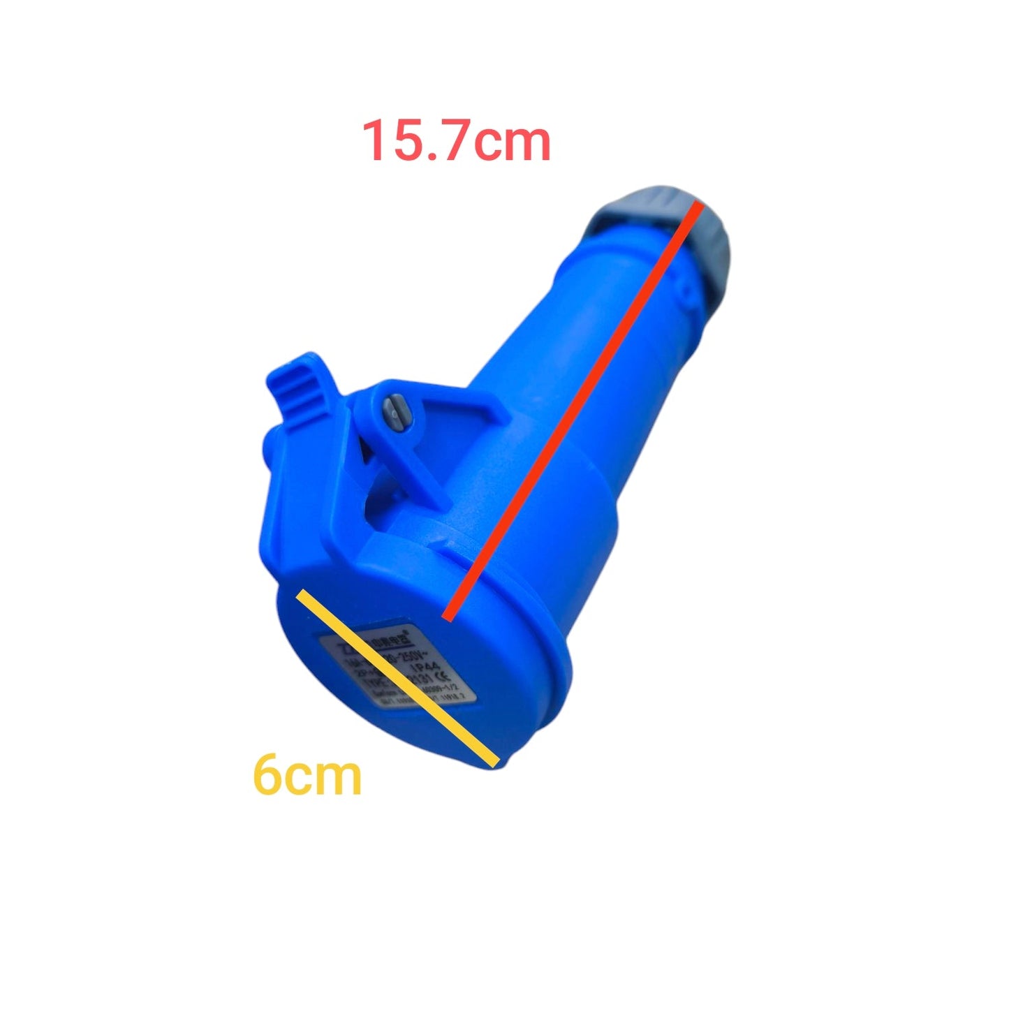 Grippes blue industrial outlet connector measuring 15.7cm by 6cm for electrical circuitry