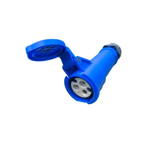 Grippes blue industrial outlet connector with hinged protective cover and multiple sockets