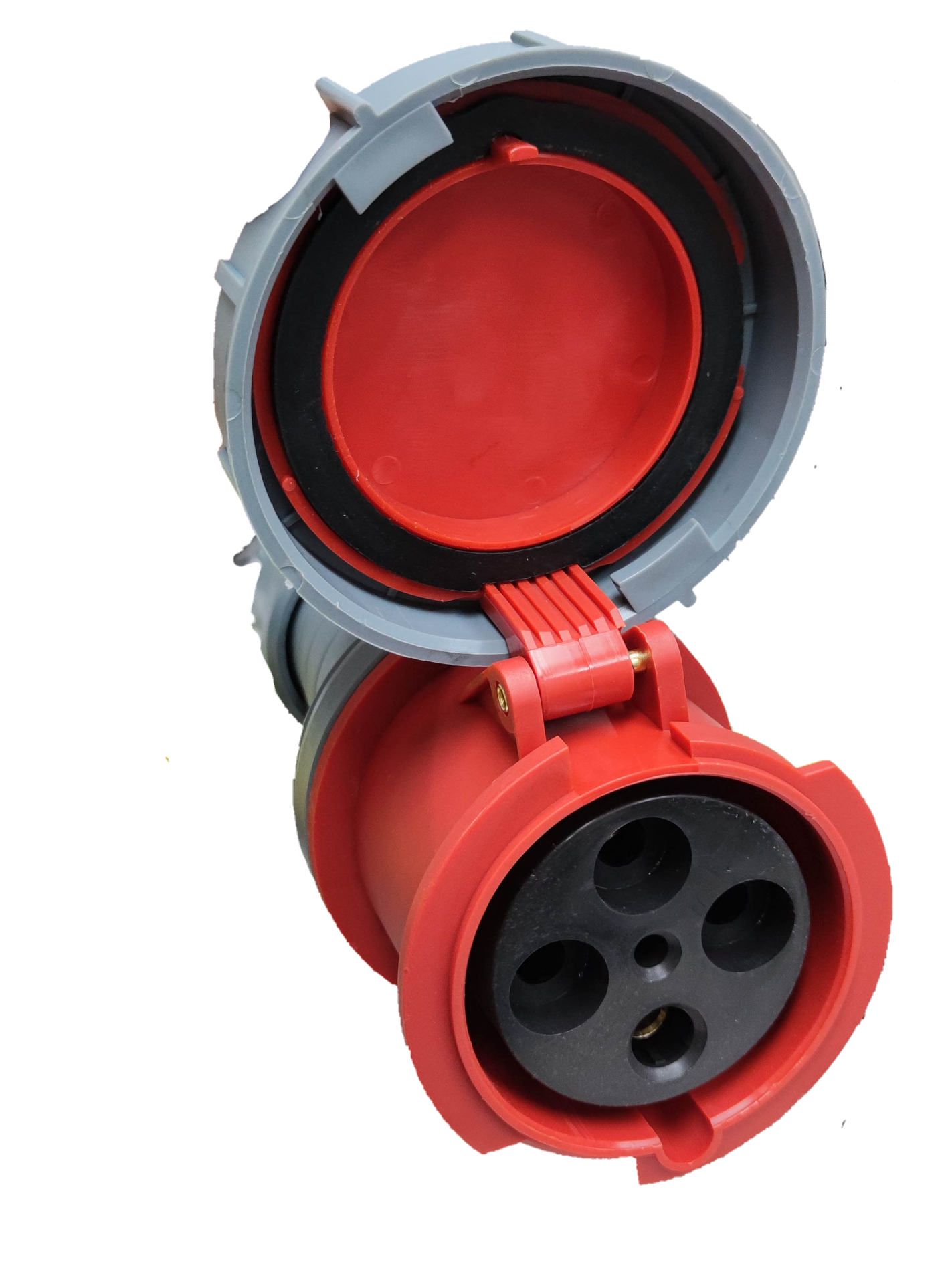 Grippes 125A industrial outlet cord connector with weatherproof design and multiple outlet ports