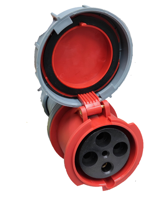 Grippes 125A industrial outlet cord connector with protective lid for secure electrical connections