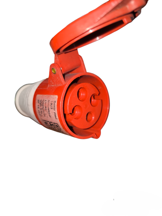 Surer industrial outlet cord connector type with red protective cover and three pin configuration