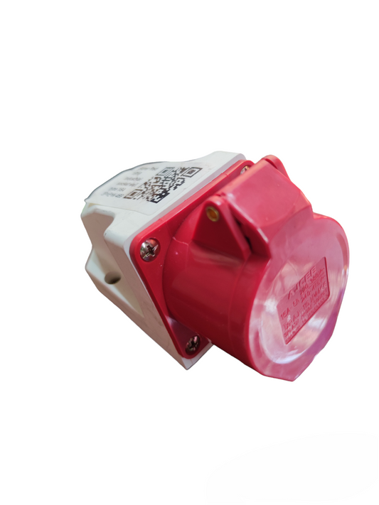 Surer Industrial Outlet Cord Wall Type with red safety cover and white base for electrical circuitry