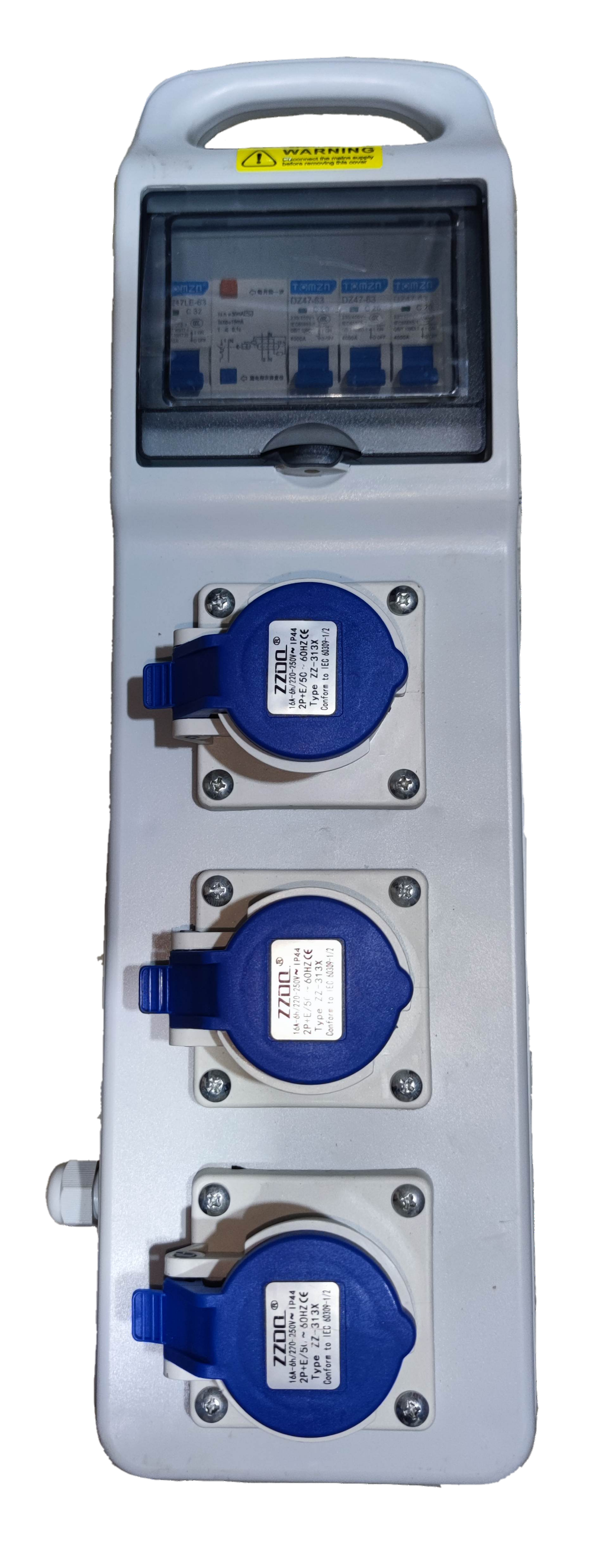 Grippes industrial outlet distribution panel 16A with three blue power sockets and protective cover