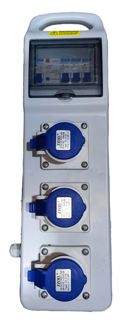 Grippes industrial outlet distribution panel 16A with three blue power sockets and protective cover