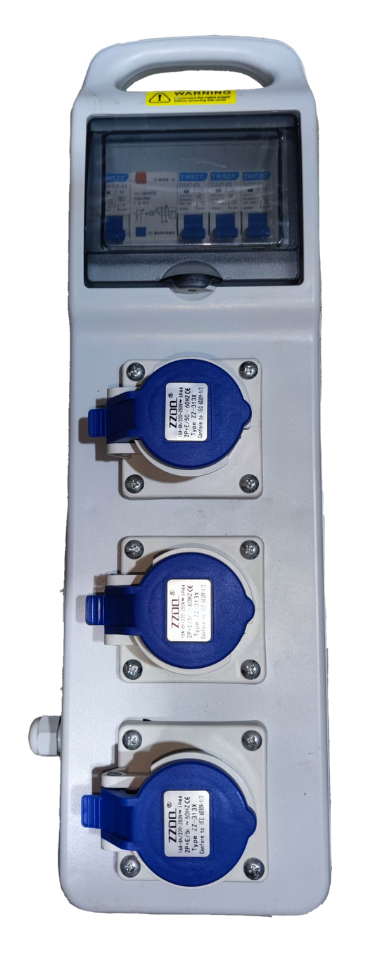 Grippes industrial outlet distribution panel 16A with three blue power sockets and protective cover
