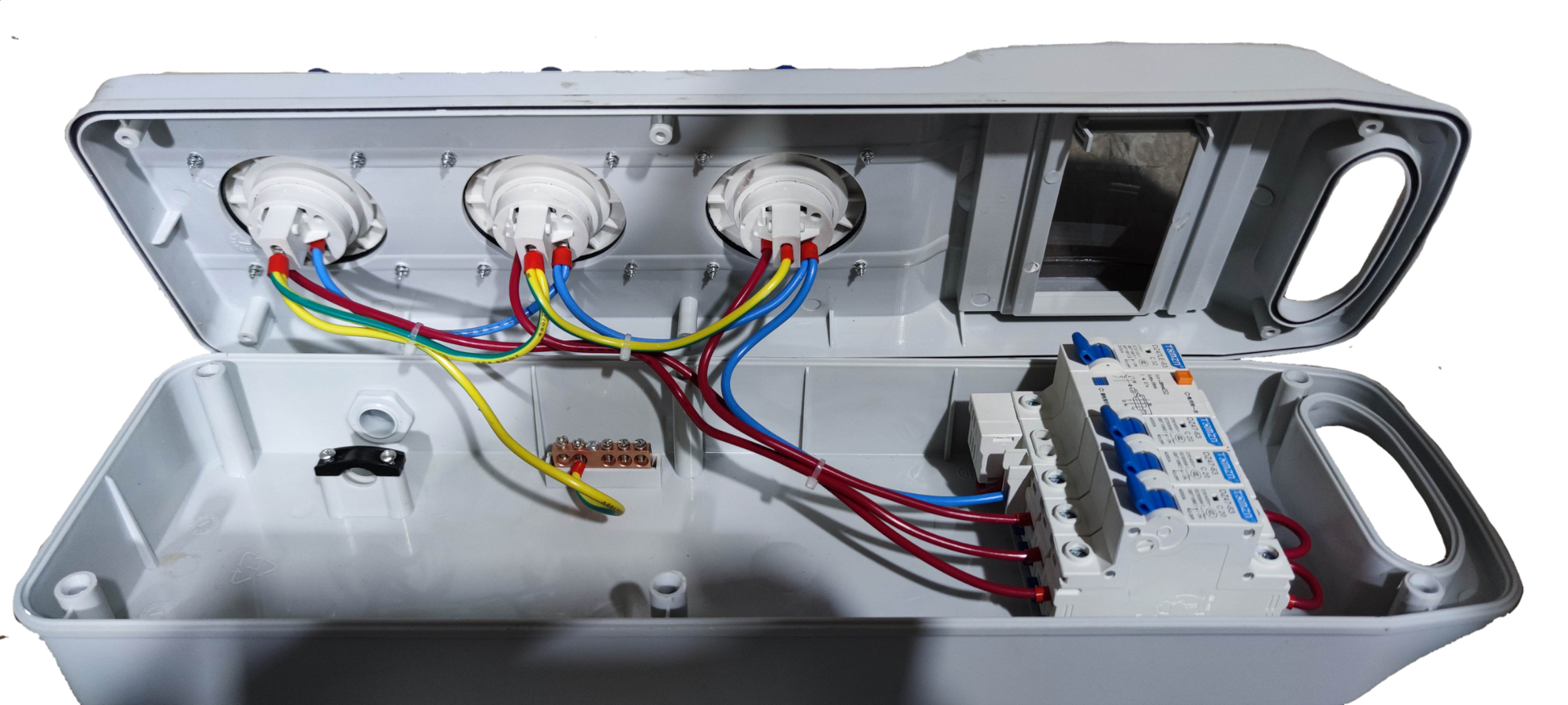 Grippes industrial outlet distribution panel 16A with wired sockets and circuit breakers in white plastic casing