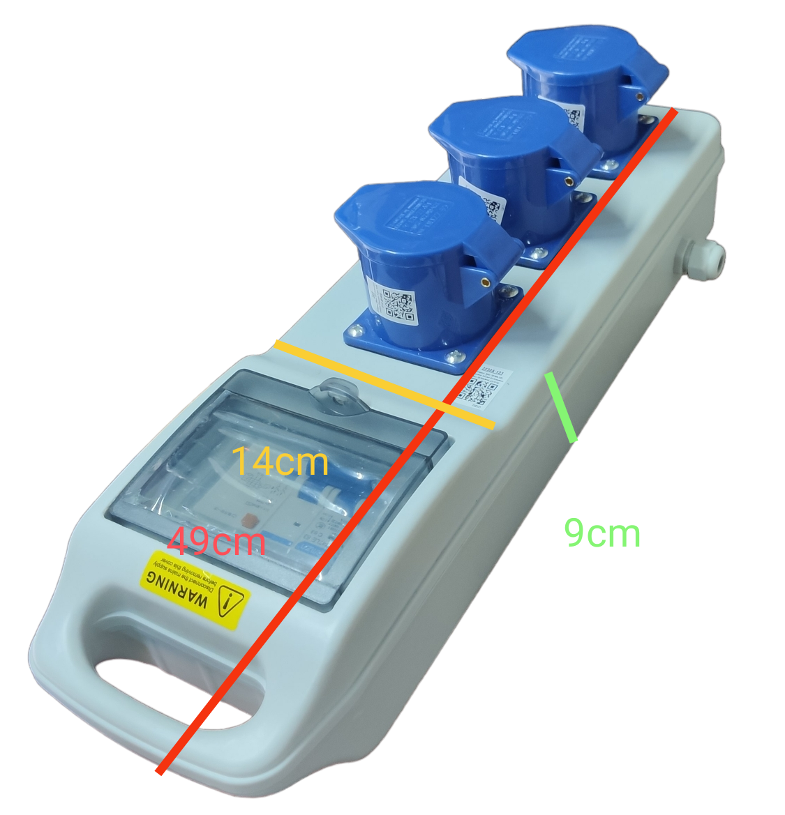 Grippes industrial outlet distribution panel 32A with three blue sockets and protective cover