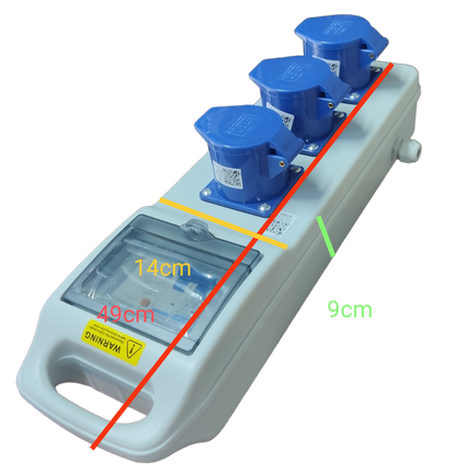 Grippes industrial outlet distribution panel 32A with three blue sockets and protective cover