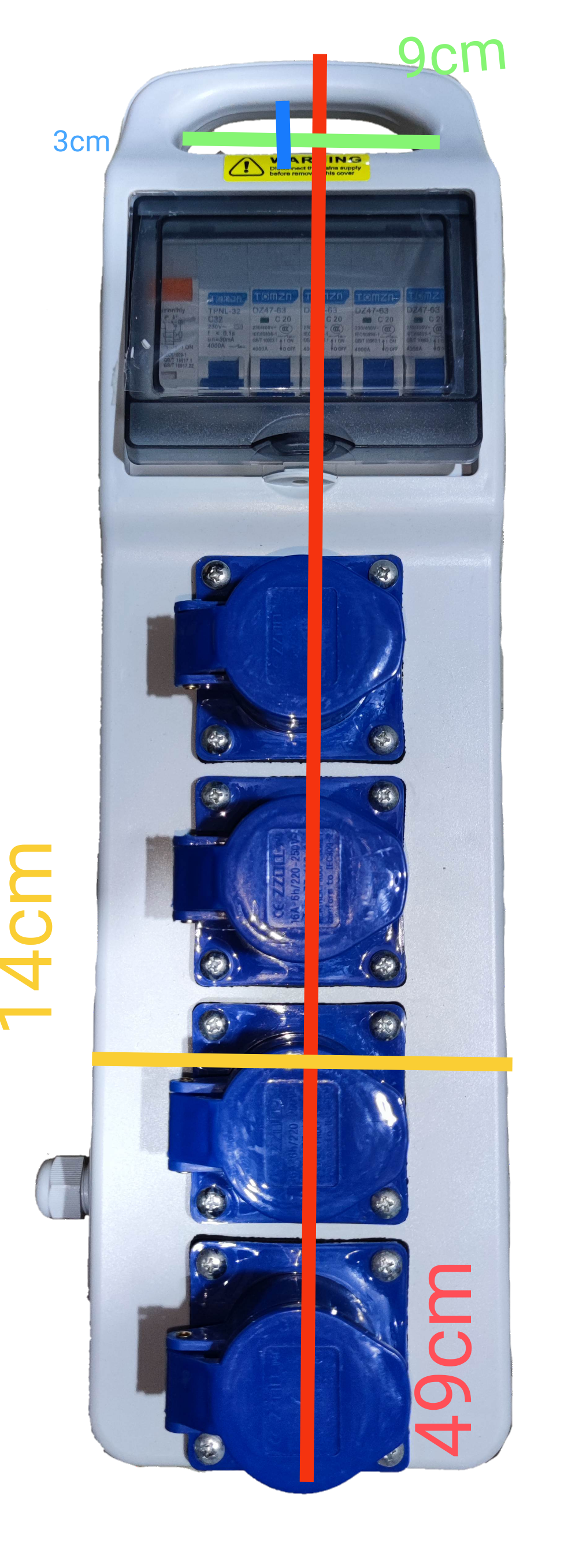 Grippes Industrial Outlet Panel Box 4 x 16A with four blue power sockets and protective cover