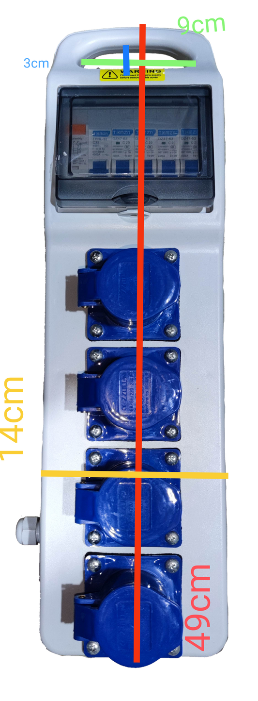 Grippes Industrial Outlet Panel Box 4 x 16A with four blue power sockets and protective cover