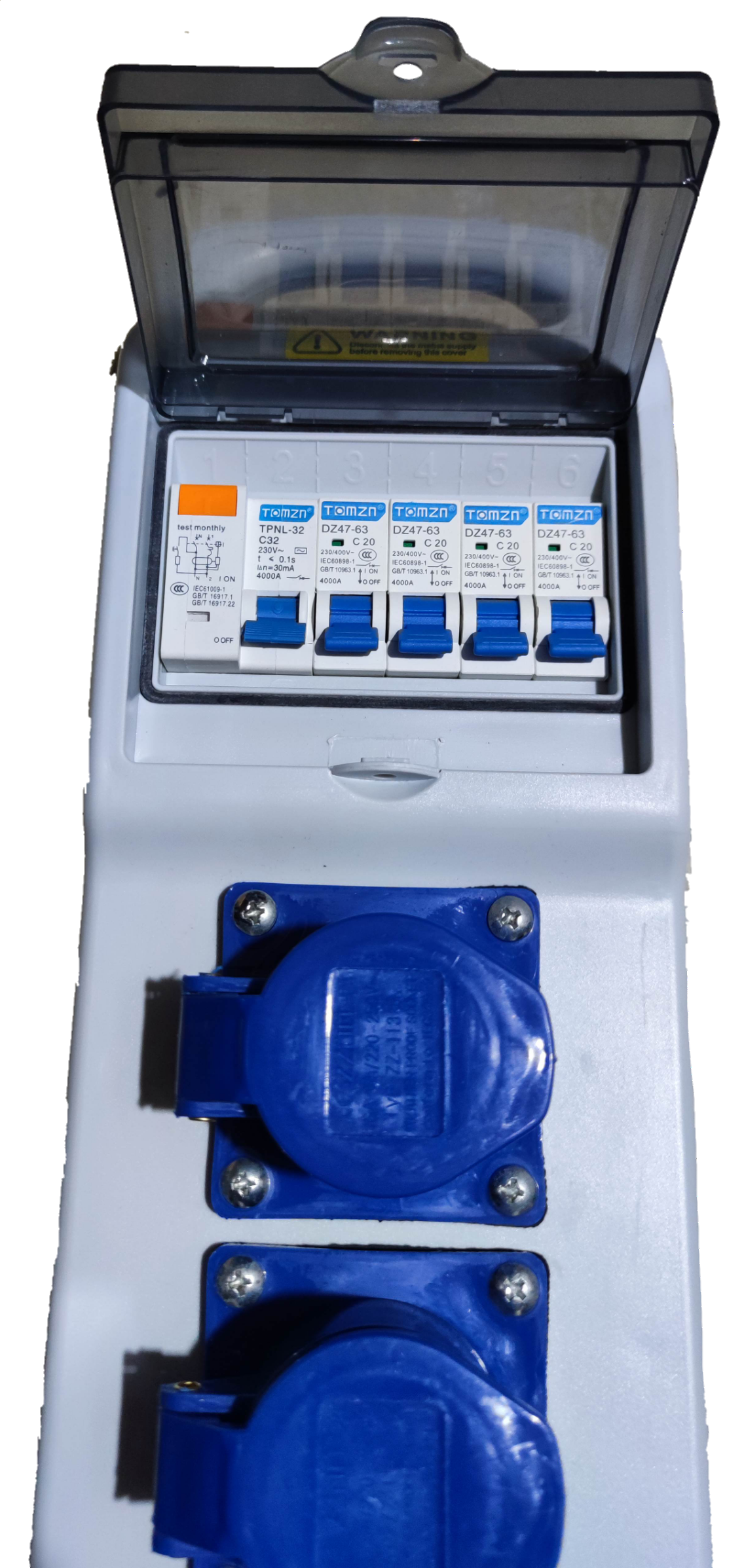 Grippes Industrial Outlet Panel Box 4 x 16A with protective circuit breakers and blue power plugs