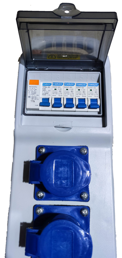 Grippes Industrial Outlet Panel Box 4 x 16A with protective circuit breakers and blue power plugs