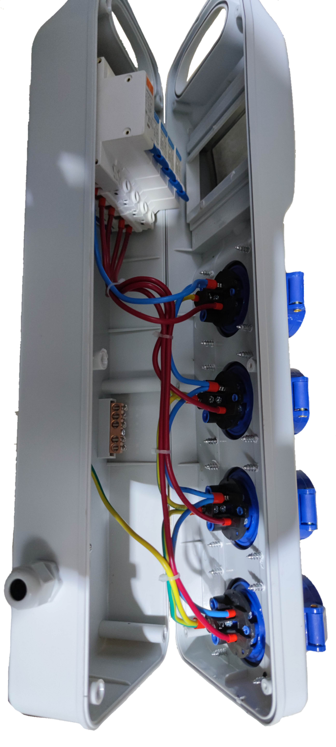 Grippes Industrial Outlet Panel Box 4 x 16A with blue sockets and internal wiring