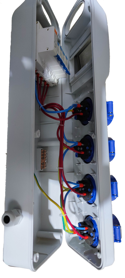 Grippes Industrial Outlet Panel Box 4 x 16A with blue sockets and internal wiring