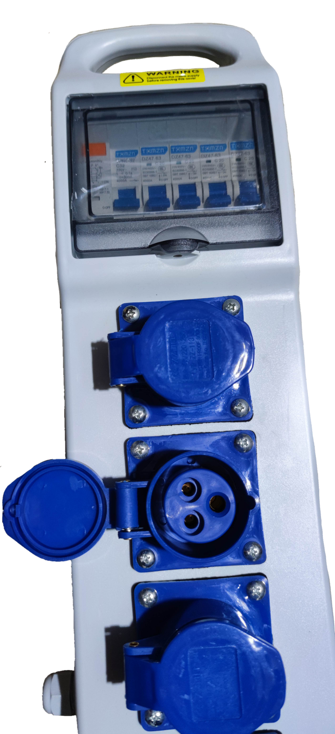 Grippes Industrial Outlet Panel Box 4 x 16A with multiple blue sockets and circuit breakers