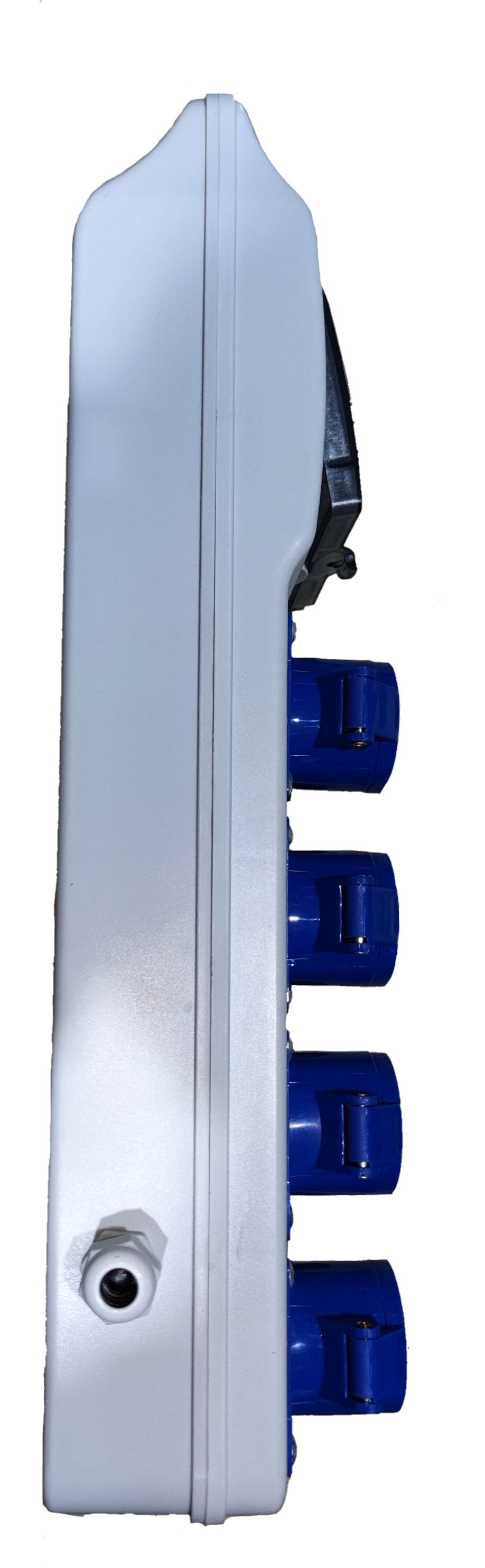 Grippes Industrial Outlet Panel Box 4 x 16A with four blue power sockets on the side