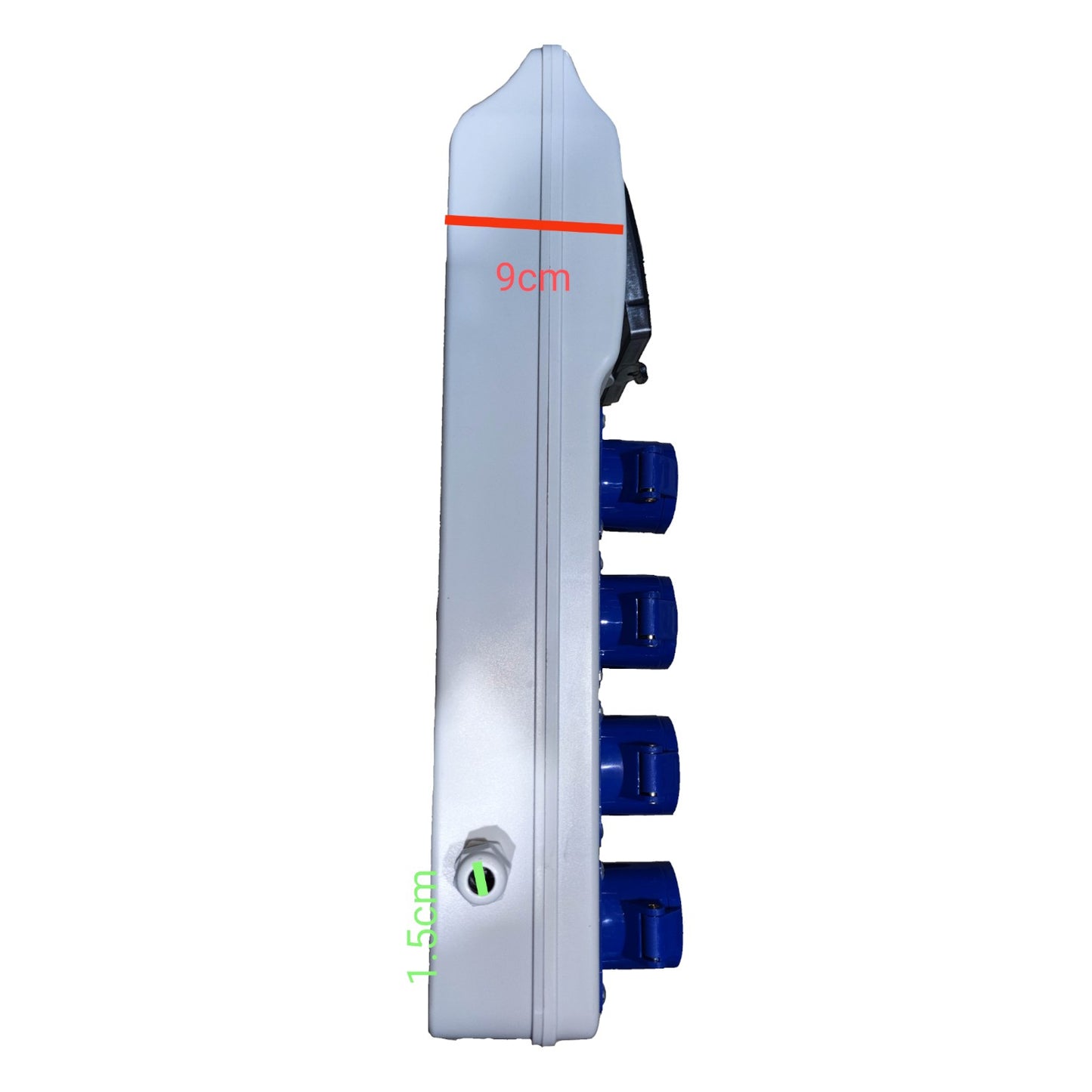 White electronic device with blue buttons and measurement labels on a white background