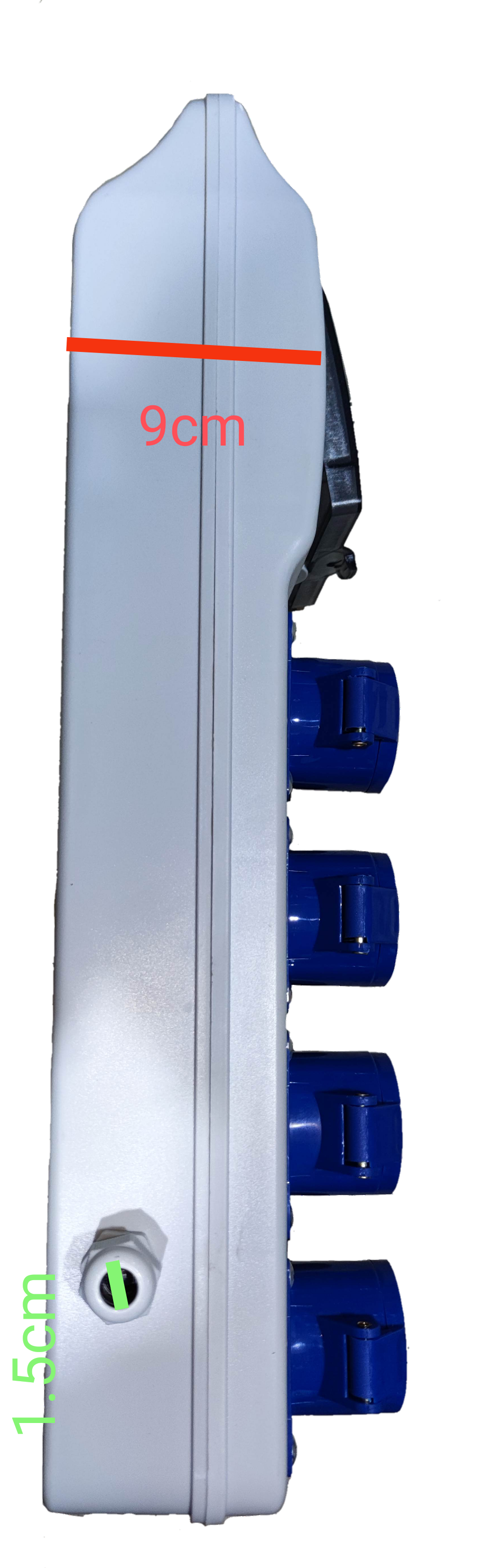 Grippes Industrial Outlet Panel Box 4 x 16A with blue sockets and white casing side view