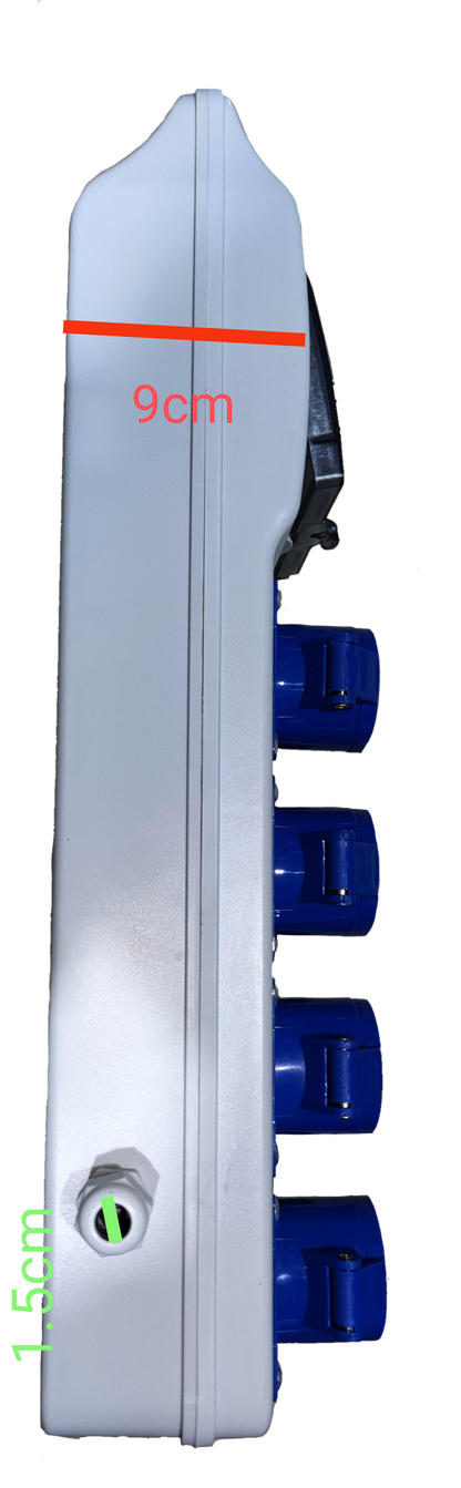 Grippes Industrial Outlet Panel Box 4 x 16A with blue sockets and white casing side view