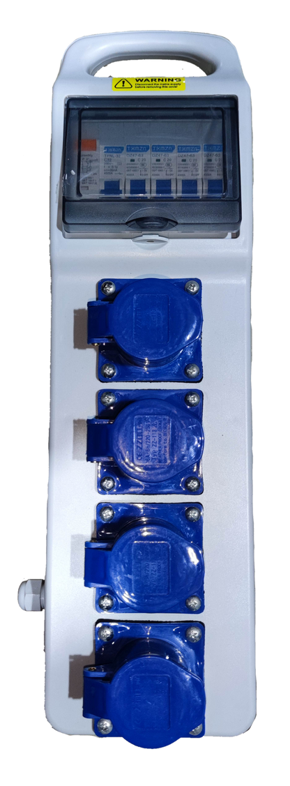 Grippes Industrial Outlet Panel Box 4 x 16A with blue power sockets and protective covers