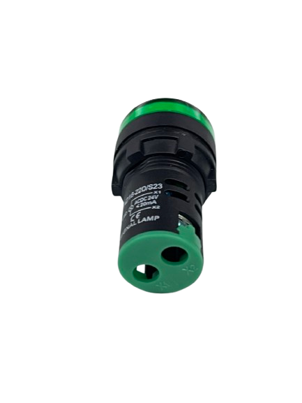 Grippes Pilot light 24V DC GREEN industrial panel indicator with green bezel and two pin connector