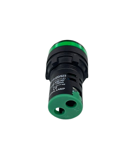 Grippes Pilot light 24V DC GREEN industrial panel indicator with green bezel and two pin connector