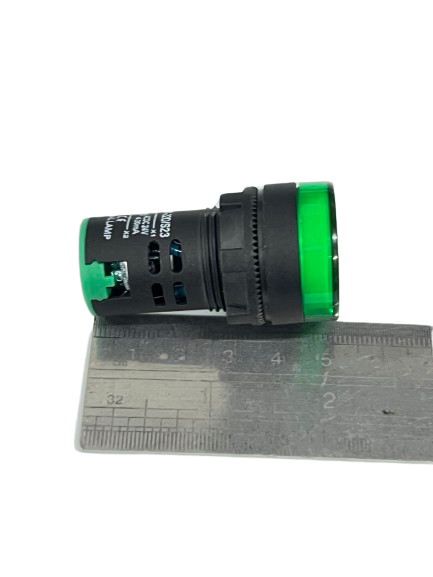 Grippes Pilot light 24V DC GREEN panel mount indicator with black housing shown next to ruler