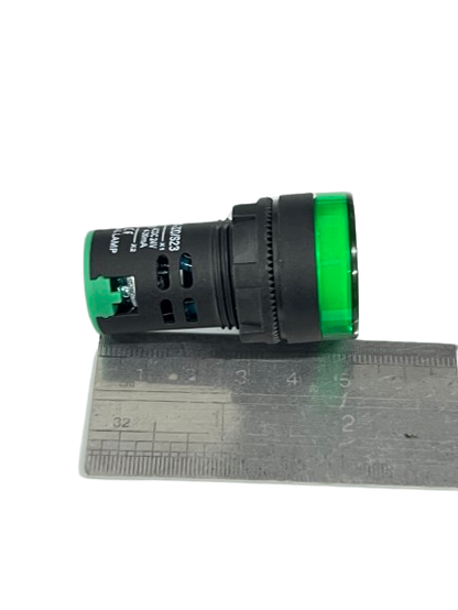 Grippes Pilot light 24V DC GREEN panel mount indicator with black housing shown next to ruler