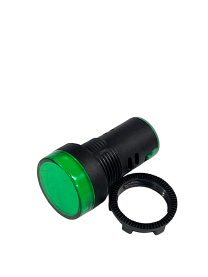 Grippes Pilot light 24V DC GREEN indicator with black cylindrical housing and mounting ring for panels