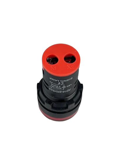 Grippes Pilot light 24V DC RED 22mm panel mount indicator with red cap and black body top view