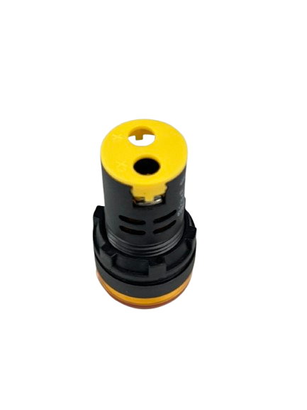 Grippes industrial indicator light with yellow bezel on black housing top view Pilot light 24V DC YELLOW 22mm
