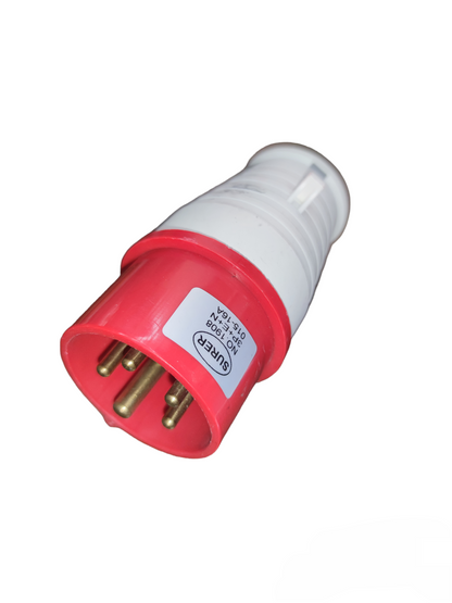 Surer Industrial Plug #015 6h-240V-415V with red and white casing and brass pins for electrical connections