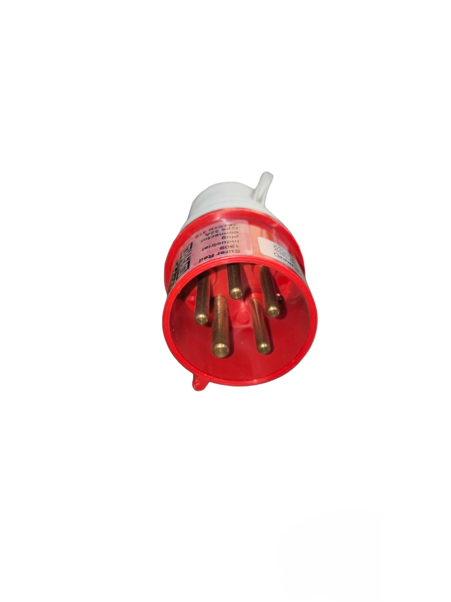 Surer Industrial Plug No. 025 240-415VAC with multiple brass pins and red and white casing