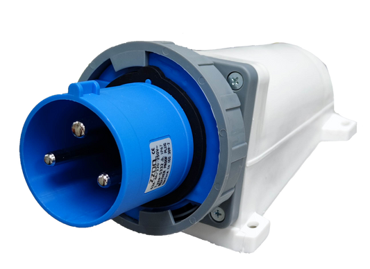Grippes Industrial Plug Wall Type 63a 3 Pins with blue and white durable housing for secure electrical connections
