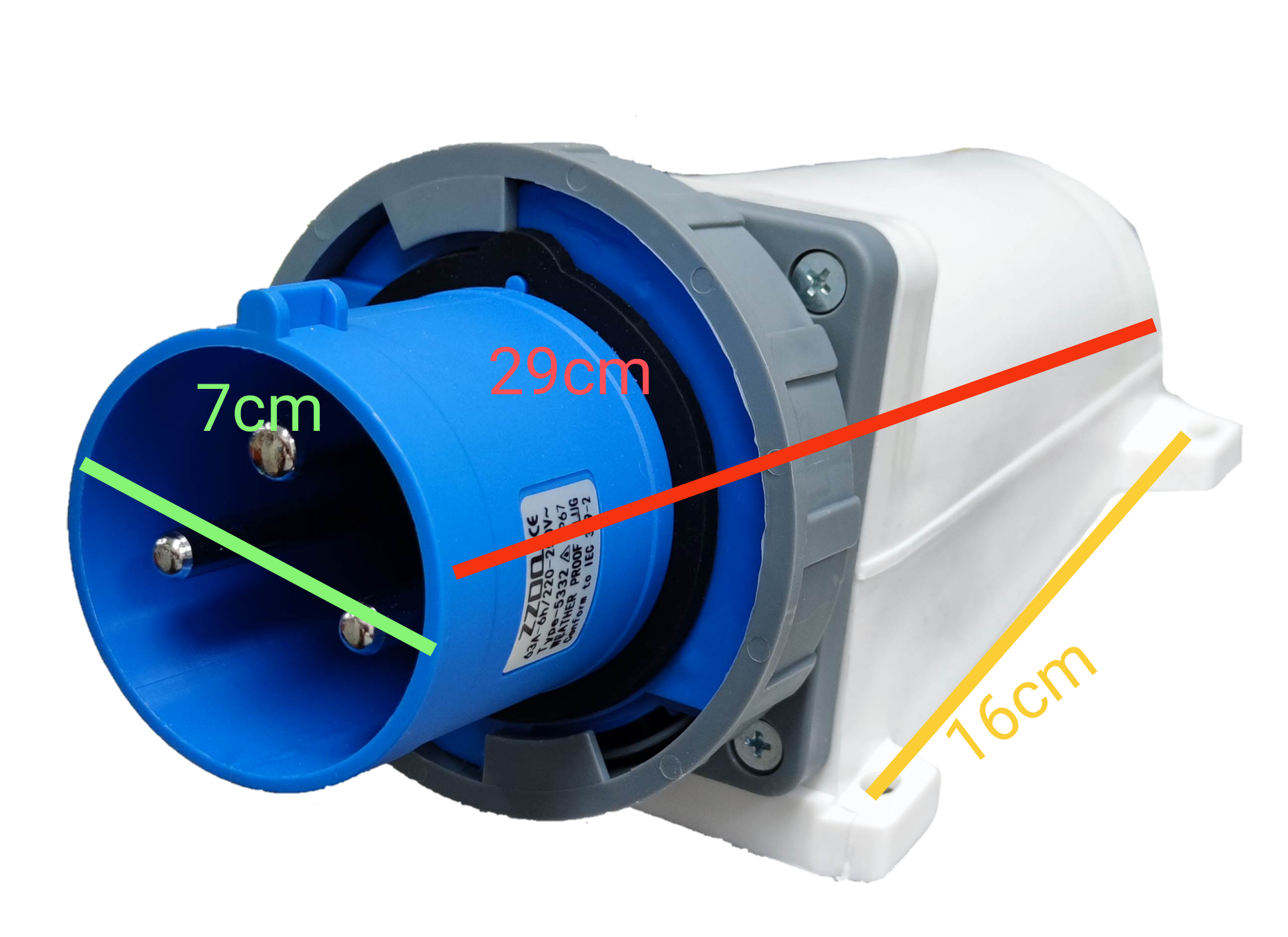 Grippes Industrial Plug Wall Type 63a 3 Pins with blue and white casing and measurement details